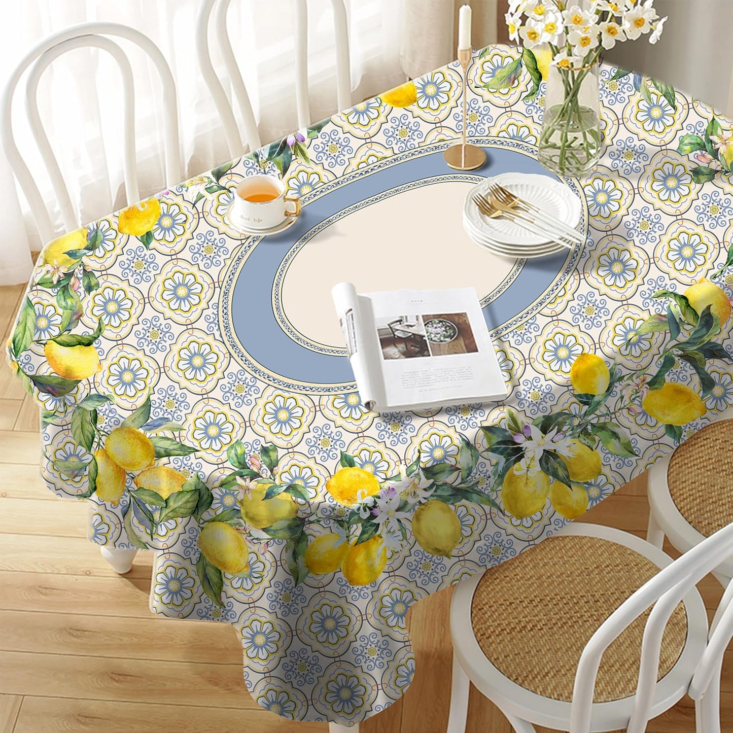 Yighty Oval Lemon Tablecloth 60x84inch, French Lemon Country Farmhouse Spring Summer Waterproof Wrinkle Resistant Washable Tablecloth for Indoor and Outdoor, Holiday Kitchen Restaurant and Party