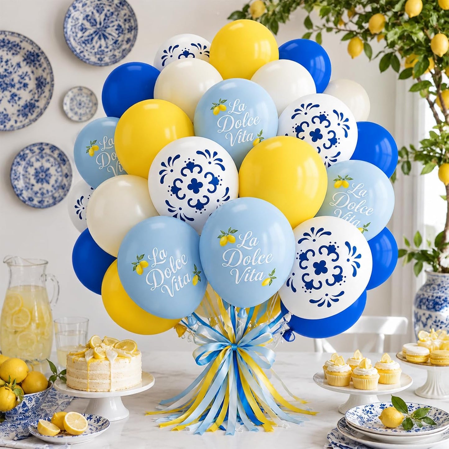 Blue and Yellow Lemon Balloons 12inch Amalfi Coast Party Decorations | Pastel Blue White and Yellow Lemon Balloons for Amalfi Last Toast On The Coast Bachelorette Bridal Shower Party Supplies