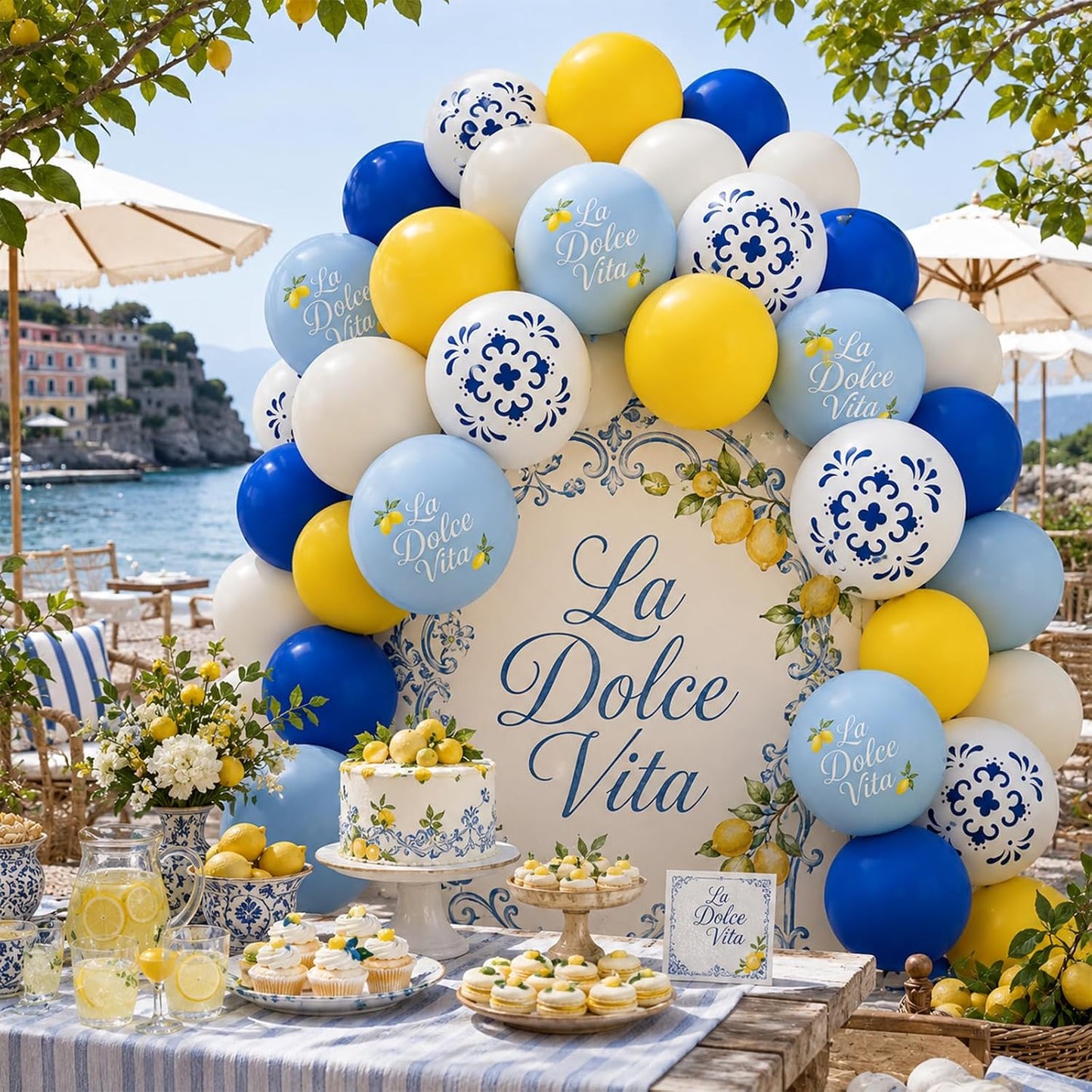 Blue and Yellow Lemon Balloons 12inch Amalfi Coast Party Decorations | Pastel Blue White and Yellow Lemon Balloons for Amalfi Last Toast On The Coast Bachelorette Bridal Shower Party Supplies