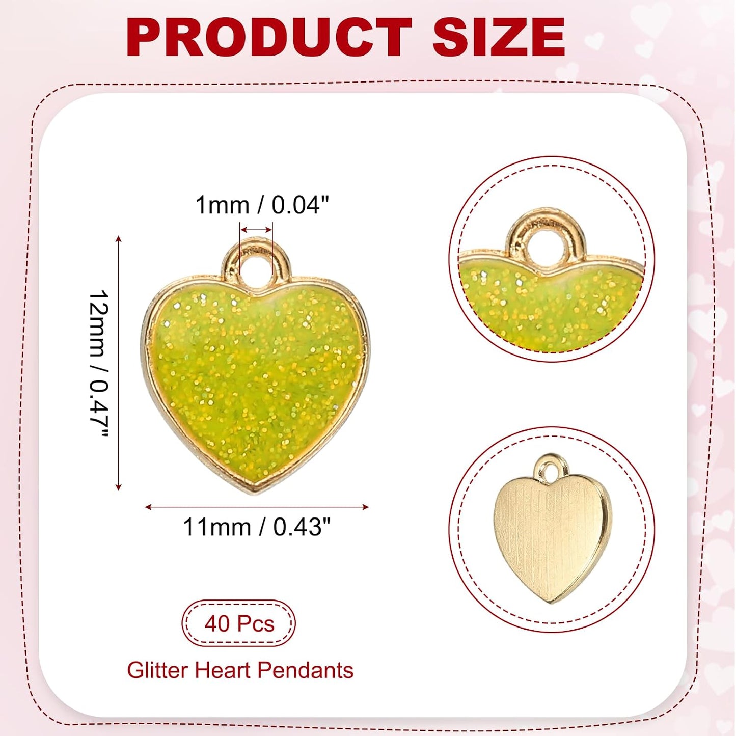 Glitter Heart Charm, Valentine Heart Charm Alloy Keychains Love Pendants with Dripping Glue Glitter for Jewelry Making Earrings DIY Necklace Bracelet Craft