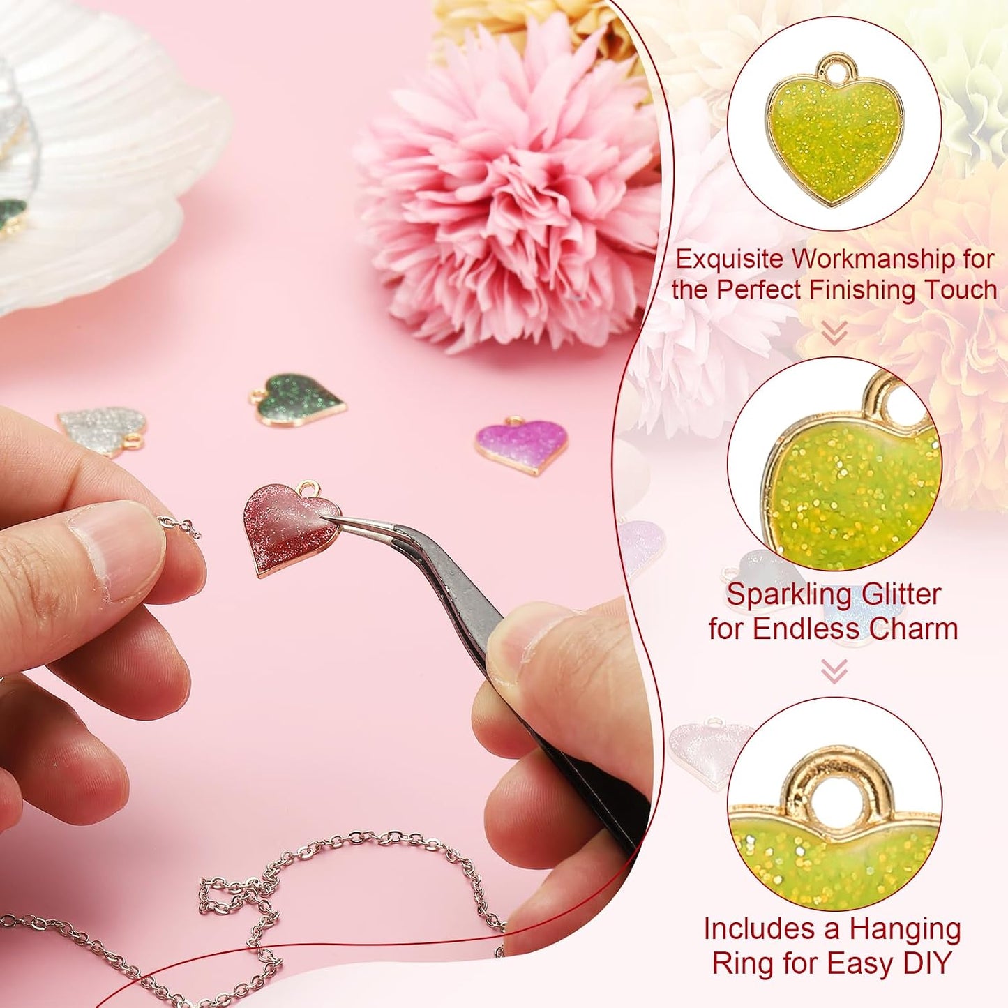 Glitter Heart Charm, Valentine Heart Charm Alloy Keychains Love Pendants with Dripping Glue Glitter for Jewelry Making Earrings DIY Necklace Bracelet Craft