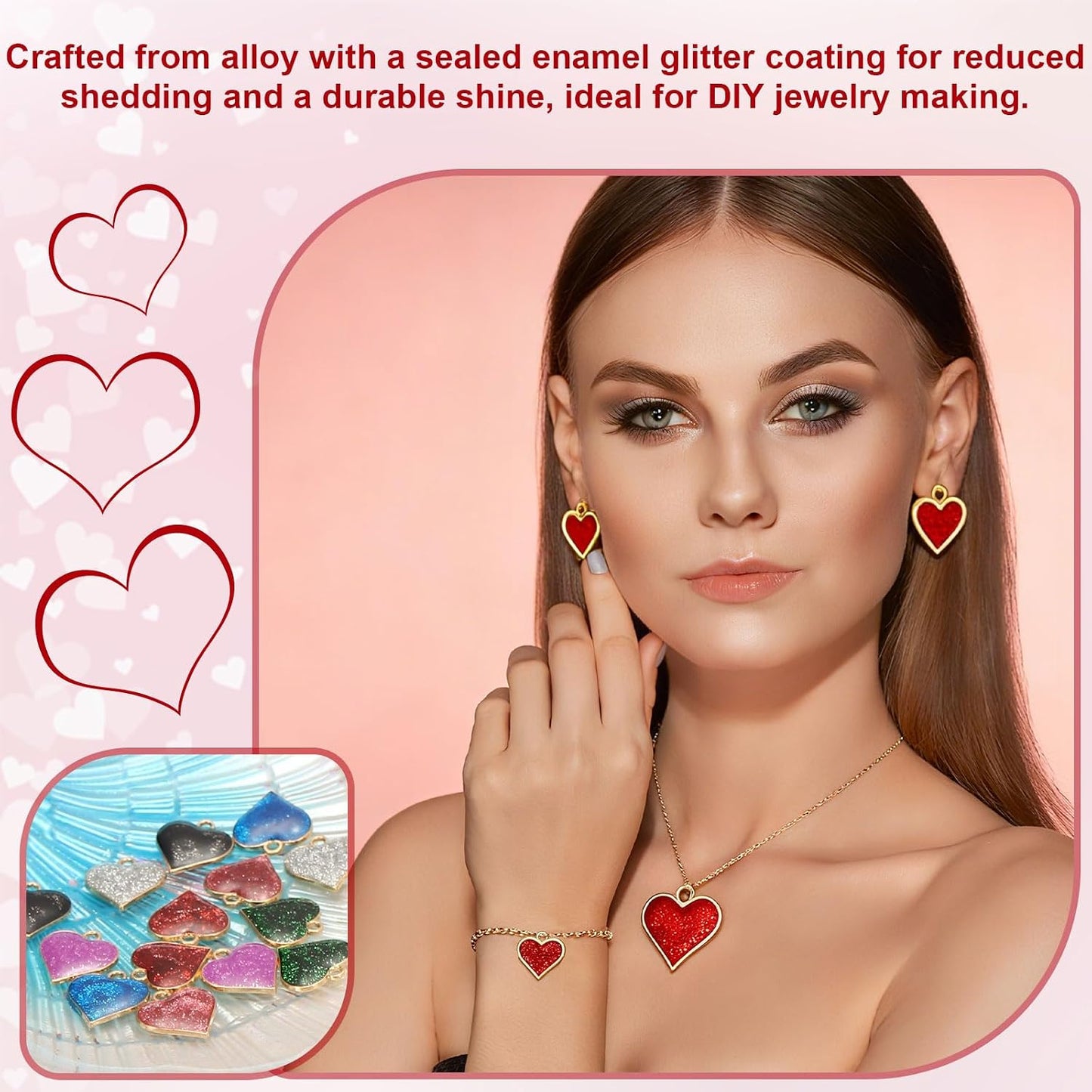 Glitter Heart Charm, Valentine Heart Charm Alloy Keychains Love Pendants with Dripping Glue Glitter for Jewelry Making Earrings DIY Necklace Bracelet Craft