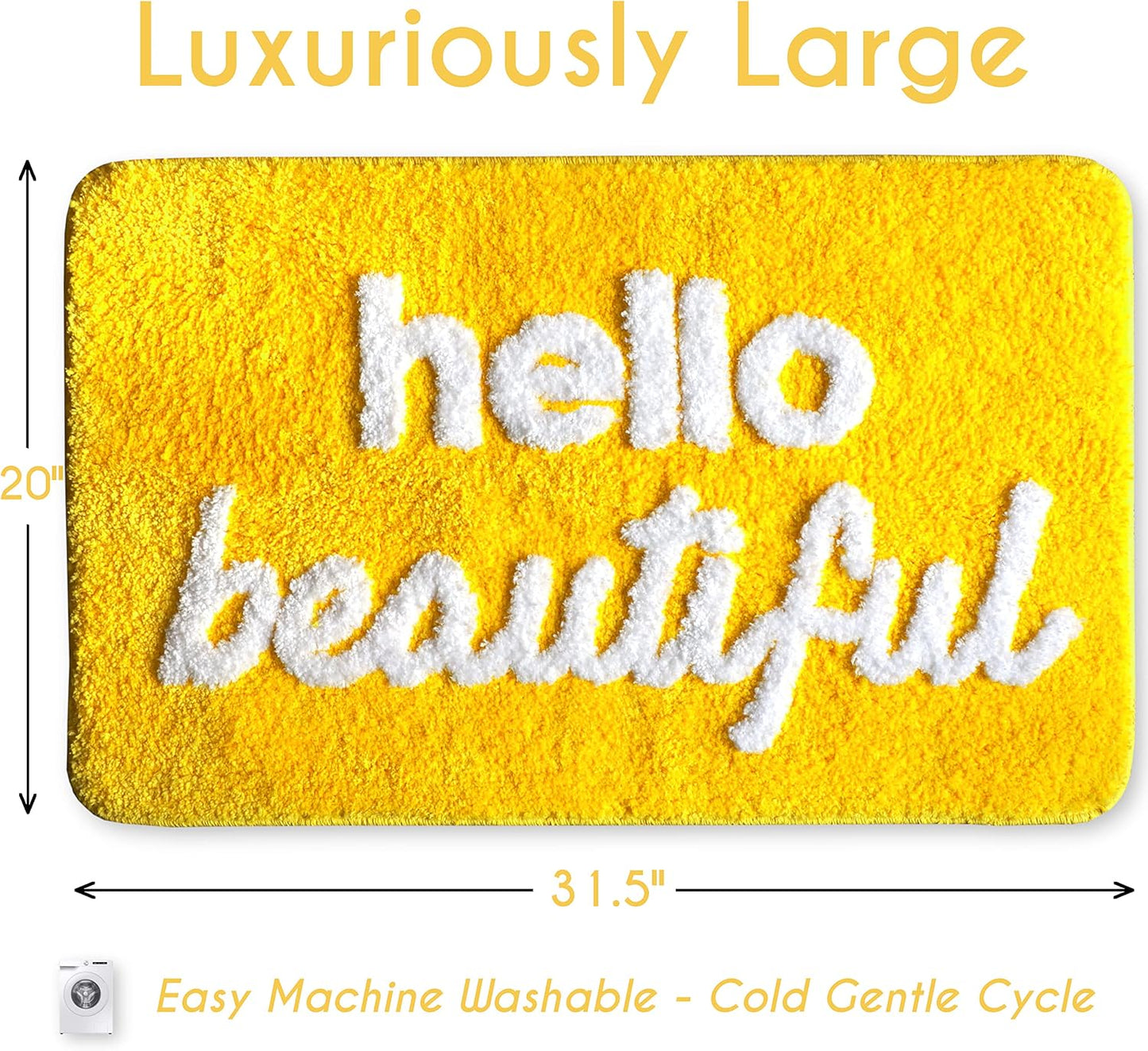 Hello Beautiful Bath Mat Cute Bathroom Rugs for Girls You Look Good Gorgeous Funny Shower Fun Bathroom Decor Non-Slip Washable Kids Women Yellow Lemon Gold Canary