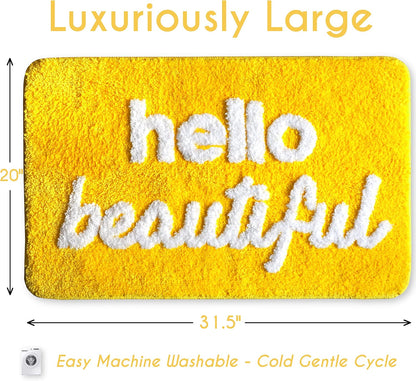 Hello Beautiful Bath Mat Cute Bathroom Rugs for Girls You Look Good Gorgeous Funny Shower Fun Bathroom Decor Non-Slip Washable Kids Women Yellow Lemon Gold Canary