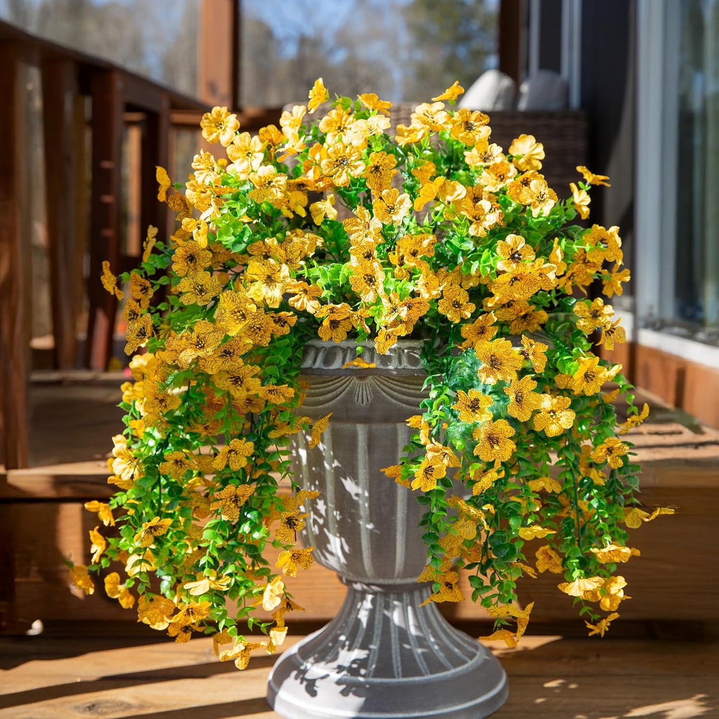 Artificial Flowers Fall Faux Outdoor Outside Plants, 2 PCS Fake Silk UV Resistant Look Real Yellow Daisy Trailing Vines for Front Door Porch Planter Urn Patio Balcony Decoration