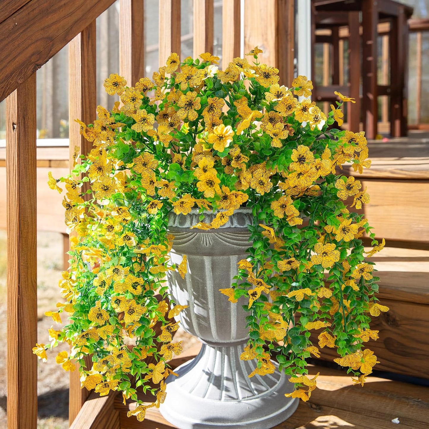 Artificial Flowers Fall Faux Outdoor Outside Plants, 2 PCS Fake Silk UV Resistant Look Real Yellow Daisy Trailing Vines for Front Door Porch Planter Urn Patio Balcony Decoration