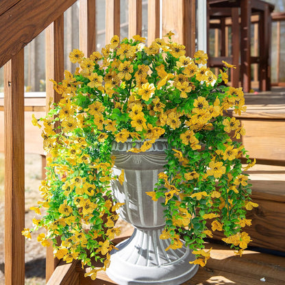 Artificial Flowers Fall Faux Outdoor Outside Plants, 2 PCS Fake Silk UV Resistant Look Real Yellow Daisy Trailing Vines for Front Door Porch Planter Urn Patio Balcony Decoration
