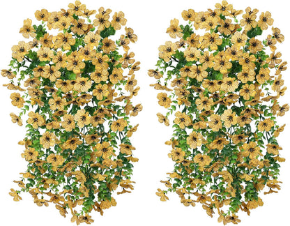 Artificial Flowers Fall Faux Outdoor Outside Plants, 2 PCS Fake Silk UV Resistant Look Real Yellow Daisy Trailing Vines for Front Door Porch Planter Urn Patio Balcony Decoration