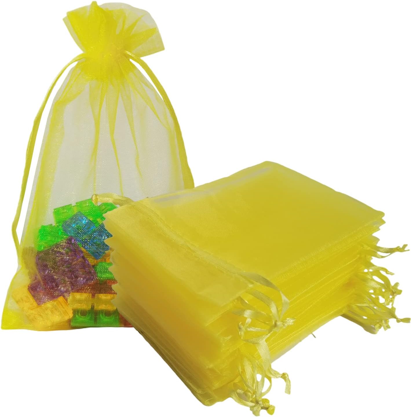 Sheer Organza Mesh Drawstring Gift Goodie Bags 100pc 4x6 Inch Yellow | Baby Shower Easter Baptism Bridal Shower Birthday Party Favors Rustic Wedding Bulk Treat Pouches for Jewelry Candy