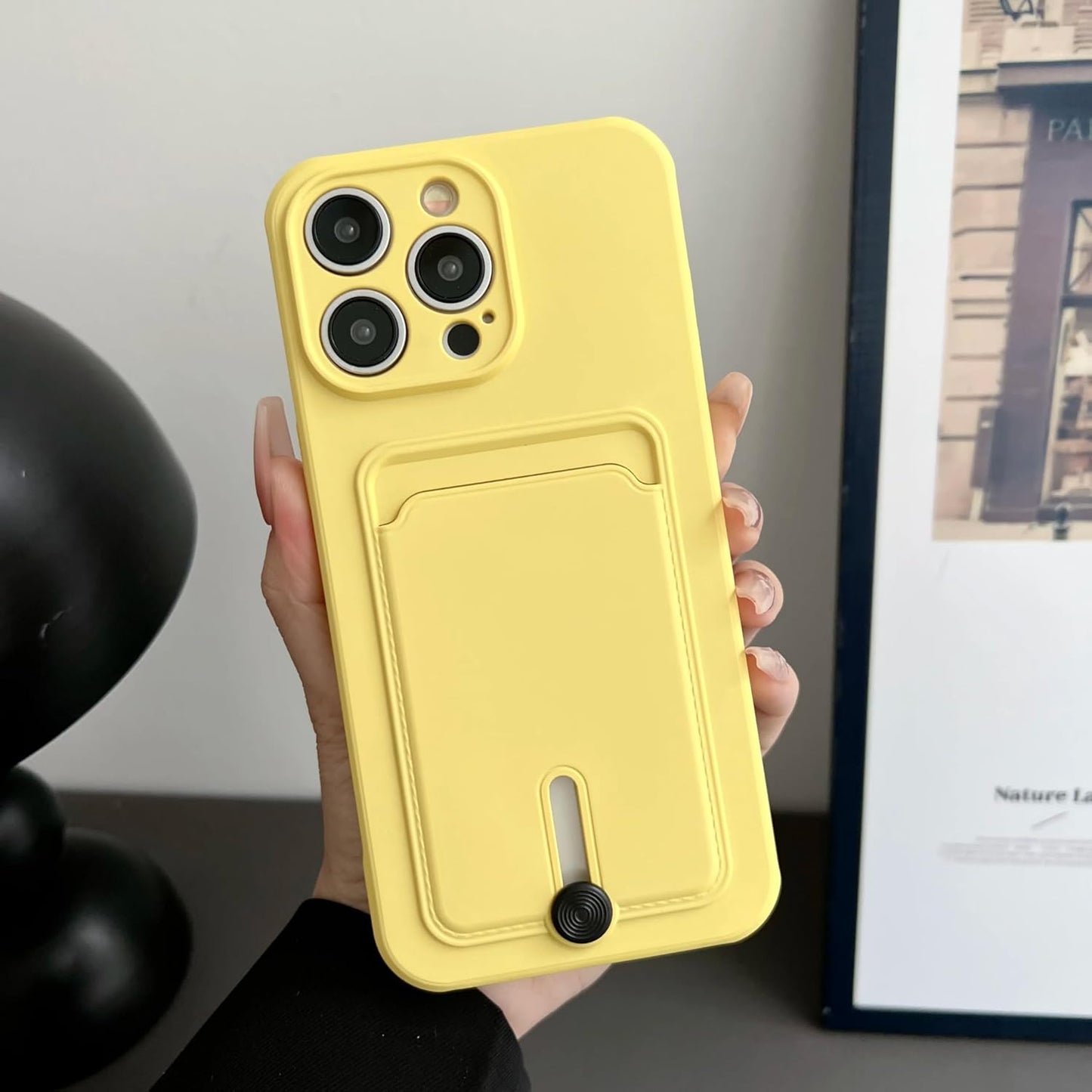 Push Card Bag Slot Holder Wallet Phone Case for iPhone 16 15 14 11 12 13 Pro Max Plus Shockproof Soft Matte Silicone Back Cover(for iphone14pro(6.1")/Yellow)