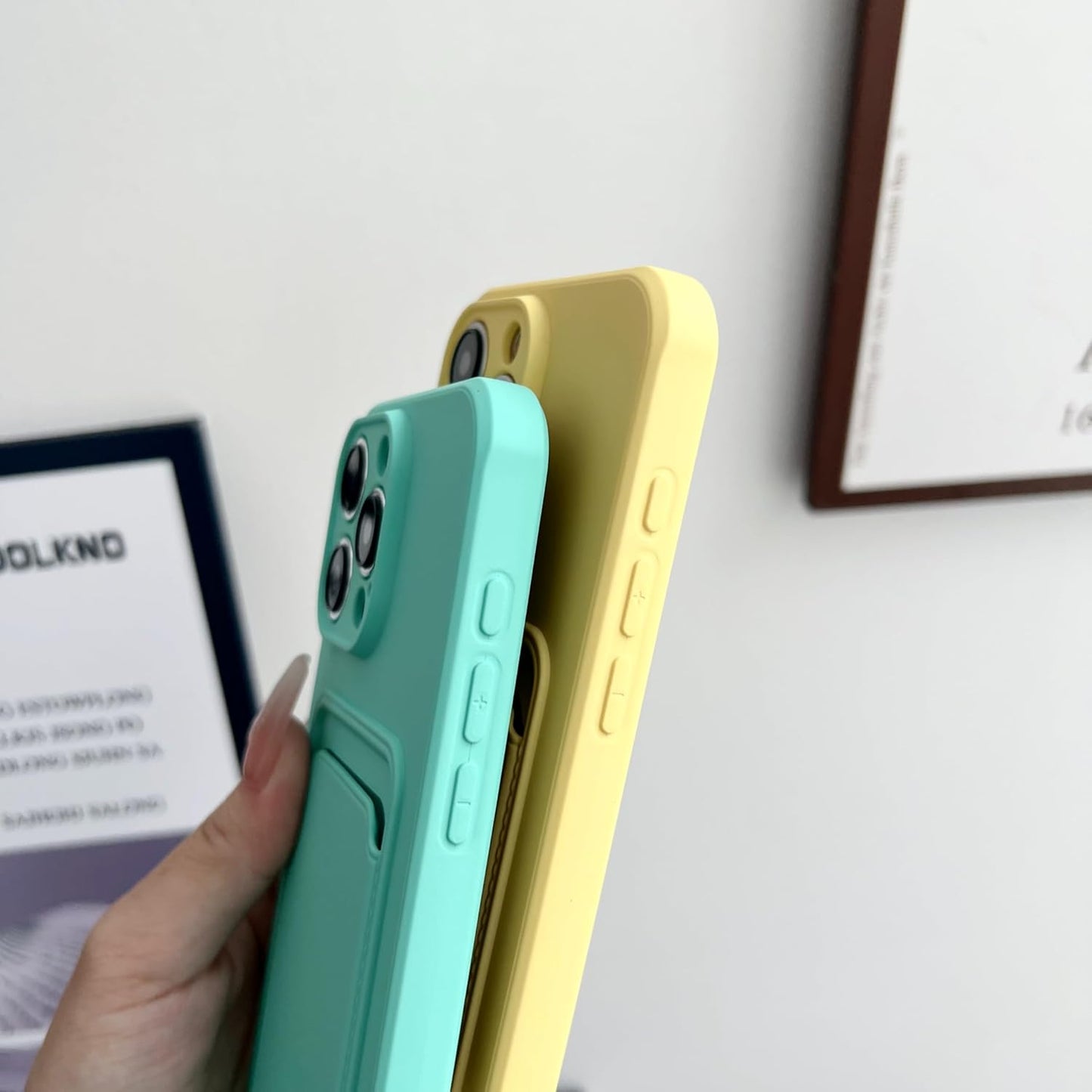 Push Card Bag Slot Holder Wallet Phone Case for iPhone 16 15 14 11 12 13 Pro Max Plus Shockproof Soft Matte Silicone Back Cover(for iphone14pro(6.1")/Yellow)
