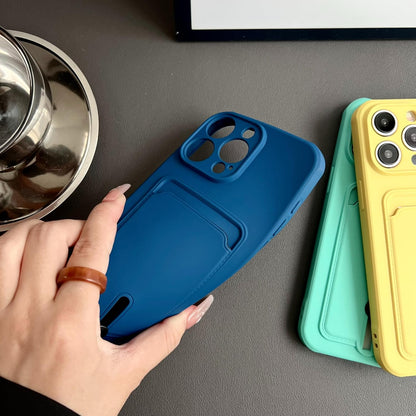 Push Card Bag Slot Holder Wallet Phone Case for iPhone 16 15 14 11 12 13 Pro Max Plus Shockproof Soft Matte Silicone Back Cover(for iphone14pro(6.1")/Yellow)
