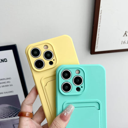 Push Card Bag Slot Holder Wallet Phone Case for iPhone 16 15 14 11 12 13 Pro Max Plus Shockproof Soft Matte Silicone Back Cover(for iphone14pro(6.1")/Yellow)