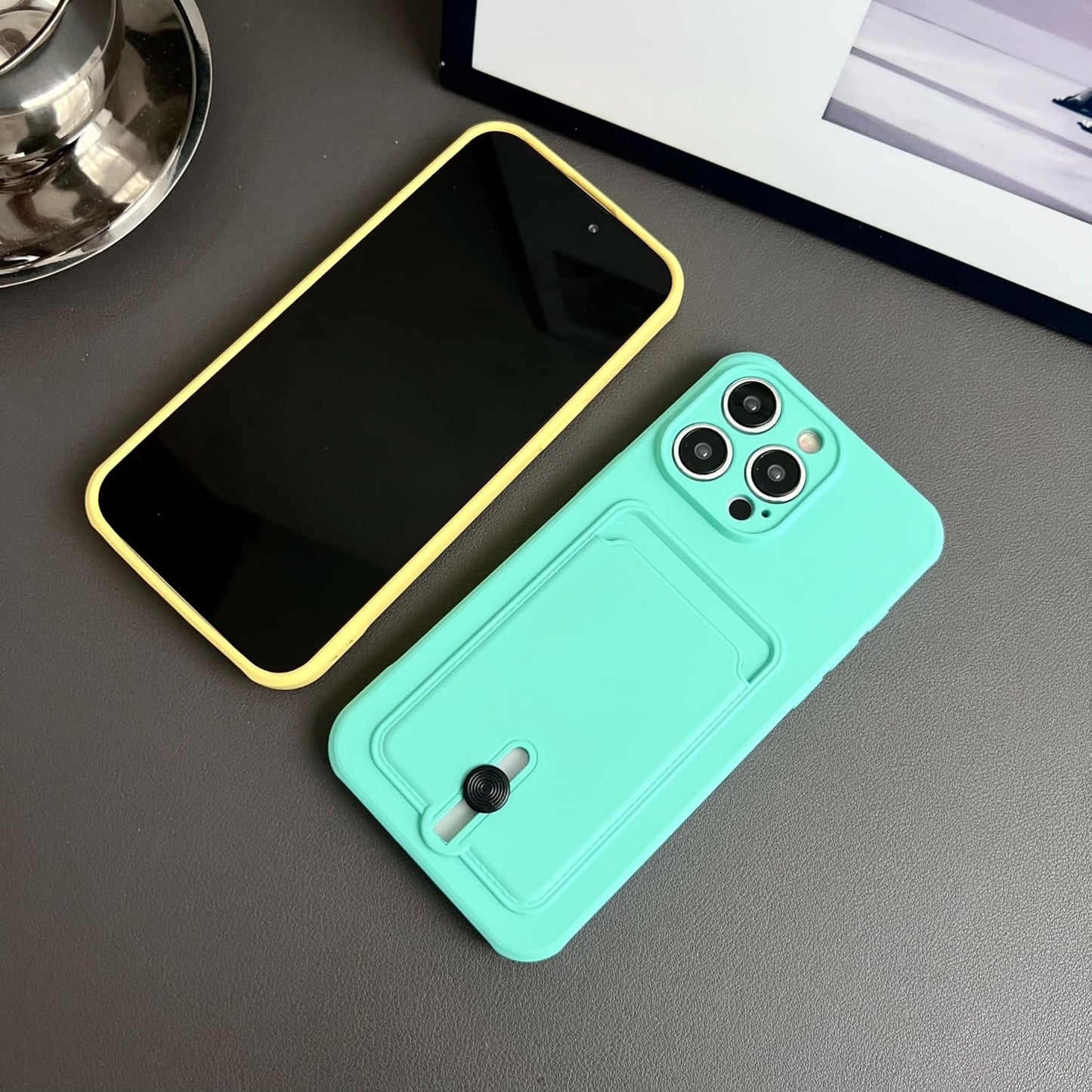 Push Card Bag Slot Holder Wallet Phone Case for iPhone 16 15 14 11 12 13 Pro Max Plus Shockproof Soft Matte Silicone Back Cover(for iphone14pro(6.1")/Yellow)