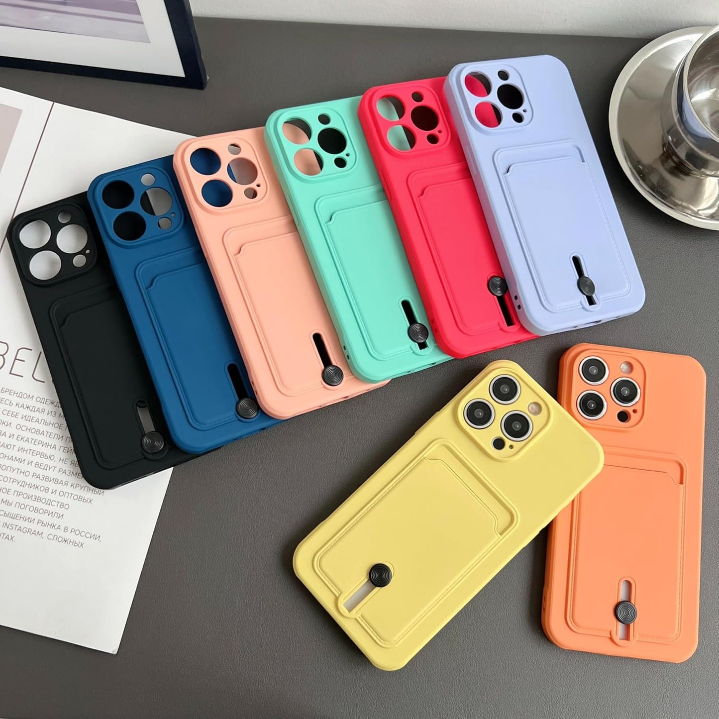 Push Card Bag Slot Holder Wallet Phone Case for iPhone 16 15 14 11 12 13 Pro Max Plus Shockproof Soft Matte Silicone Back Cover(for iphone14pro(6.1")/Yellow)