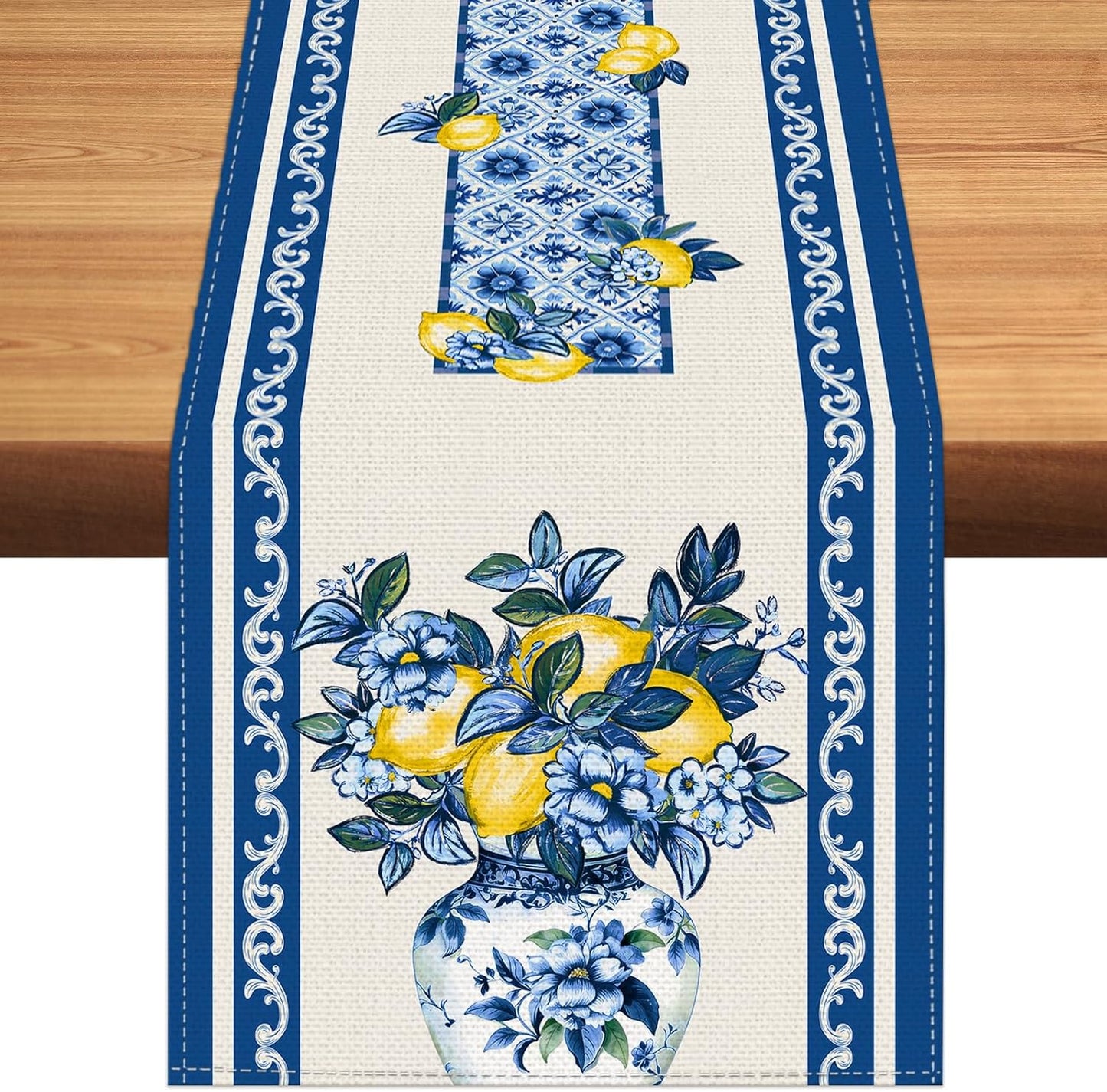 Summer Amalfi Coast Lemon Floral Table Runner Flowers Burlap Table Runners, Blue and White Chinoiserie Coffee Table Center Decor for Home Kitchen Dining Party Indoor Outdoor 13x72 Inch