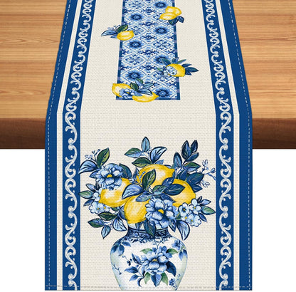Summer Amalfi Coast Lemon Floral Table Runner Flowers Burlap Table Runners, Blue and White Chinoiserie Coffee Table Center Decor for Home Kitchen Dining Party Indoor Outdoor 13x72 Inch