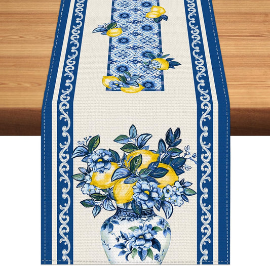 Summer Amalfi Coast Lemon Floral Table Runner Flowers Burlap Table Runners, Blue and White Chinoiserie Coffee Table Center Decor for Home Kitchen Dining Party Indoor Outdoor 13x72 Inch