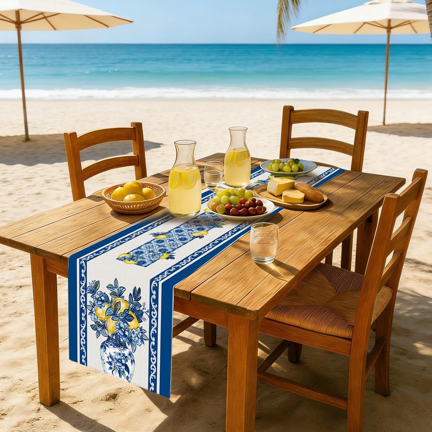 Summer Amalfi Coast Lemon Floral Table Runner Flowers Burlap Table Runners, Blue and White Chinoiserie Coffee Table Center Decor for Home Kitchen Dining Party Indoor Outdoor 13x72 Inch