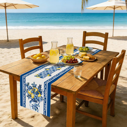 Summer Amalfi Coast Lemon Floral Table Runner Flowers Burlap Table Runners, Blue and White Chinoiserie Coffee Table Center Decor for Home Kitchen Dining Party Indoor Outdoor 13x72 Inch