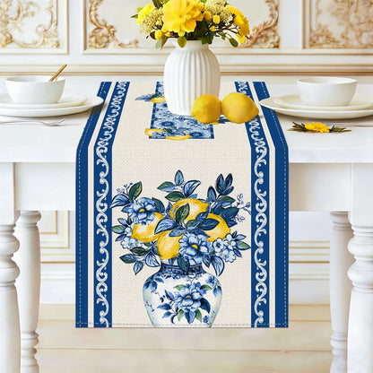 Summer Amalfi Coast Lemon Floral Table Runner Flowers Burlap Table Runners, Blue and White Chinoiserie Coffee Table Center Decor for Home Kitchen Dining Party Indoor Outdoor 13x72 Inch