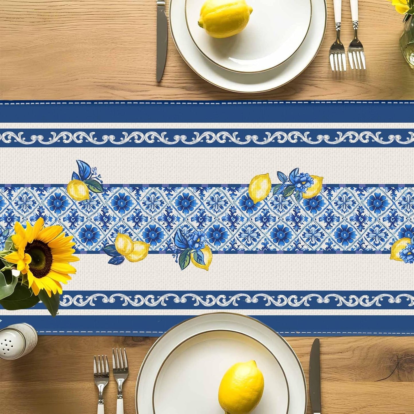 Summer Amalfi Coast Lemon Floral Table Runner Flowers Burlap Table Runners, Blue and White Chinoiserie Coffee Table Center Decor for Home Kitchen Dining Party Indoor Outdoor 13x72 Inch
