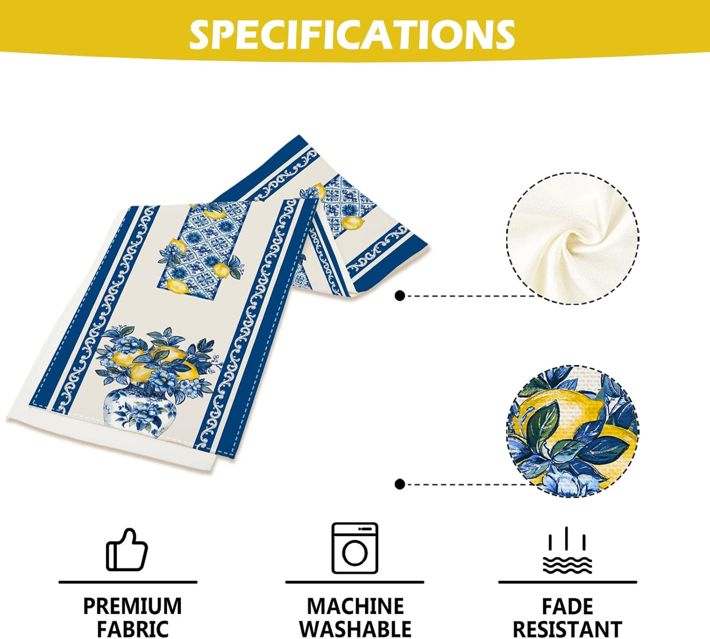 Summer Amalfi Coast Lemon Floral Table Runner Flowers Burlap Table Runners, Blue and White Chinoiserie Coffee Table Center Decor for Home Kitchen Dining Party Indoor Outdoor 13x72 Inch