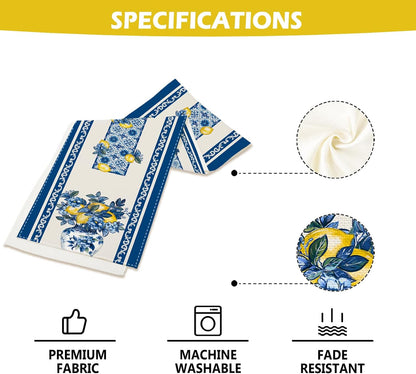 Summer Amalfi Coast Lemon Floral Table Runner Flowers Burlap Table Runners, Blue and White Chinoiserie Coffee Table Center Decor for Home Kitchen Dining Party Indoor Outdoor 13x72 Inch