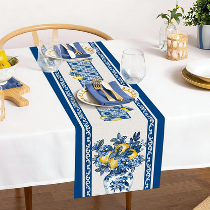 Summer Amalfi Coast Lemon Floral Table Runner Flowers Burlap Table Runners, Blue and White Chinoiserie Coffee Table Center Decor for Home Kitchen Dining Party Indoor Outdoor 13x72 Inch