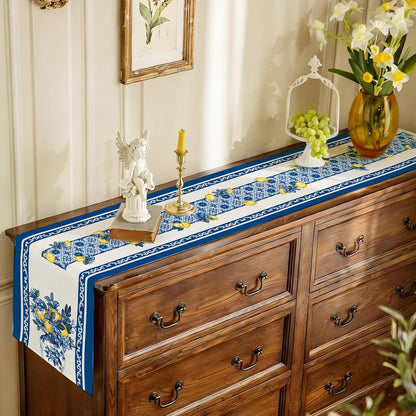 Summer Amalfi Coast Lemon Floral Table Runner Flowers Burlap Table Runners, Blue and White Chinoiserie Coffee Table Center Decor for Home Kitchen Dining Party Indoor Outdoor 13x72 Inch