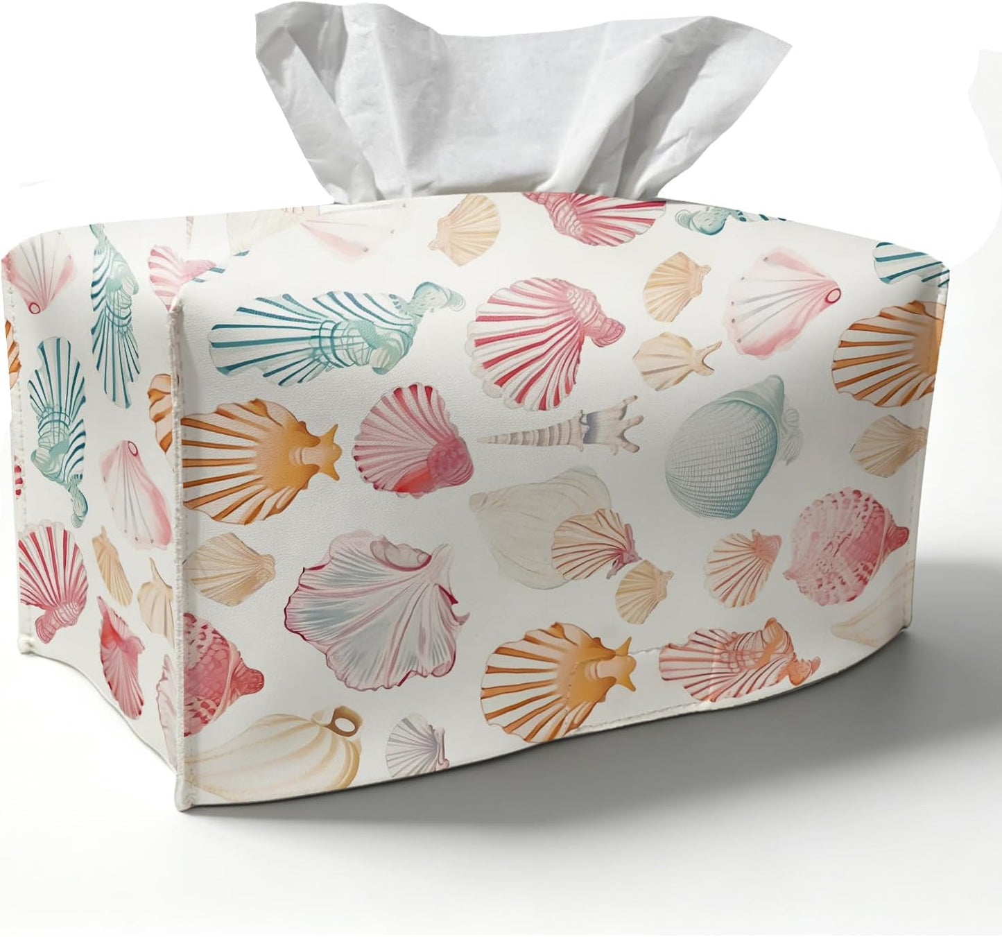 Yellow Seashell Tissue Box Cover Rectangle,Summer Coastal Beach Leather Tissue Box Holder,Ocean Nautical Decorative Facial Tissue Case for Beach Room Bathroom Kitchen Office Desk,9.5x4.7x4.7