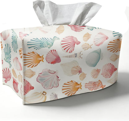 Yellow Seashell Tissue Box Cover Rectangle,Summer Coastal Beach Leather Tissue Box Holder,Ocean Nautical Decorative Facial Tissue Case for Beach Room Bathroom Kitchen Office Desk,9.5x4.7x4.7