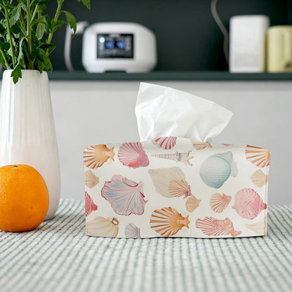 Yellow Seashell Tissue Box Cover Rectangle,Summer Coastal Beach Leather Tissue Box Holder,Ocean Nautical Decorative Facial Tissue Case for Beach Room Bathroom Kitchen Office Desk,9.5x4.7x4.7