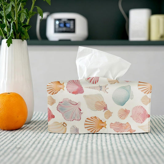 Yellow Seashell Tissue Box Cover Rectangle,Summer Coastal Beach Leather Tissue Box Holder,Ocean Nautical Decorative Facial Tissue Case for Beach Room Bathroom Kitchen Office Desk,9.5x4.7x4.7