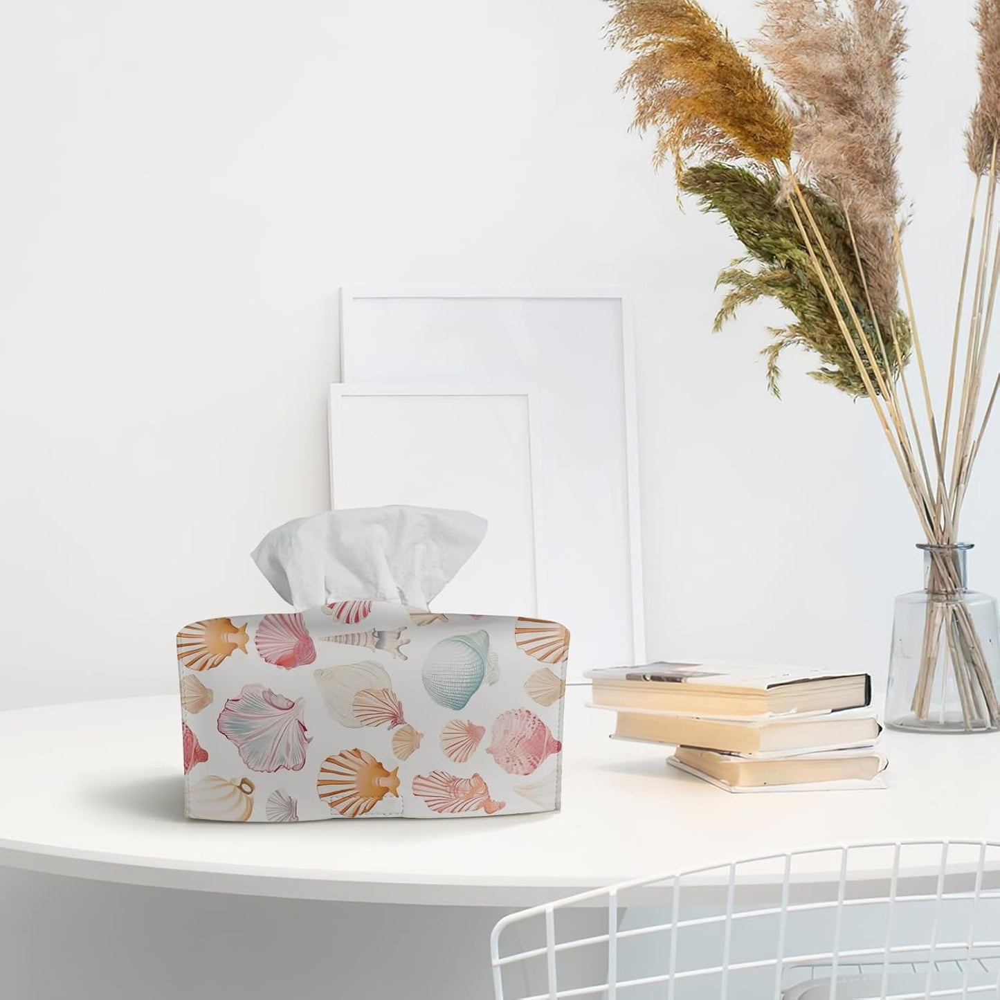 Yellow Seashell Tissue Box Cover Rectangle,Summer Coastal Beach Leather Tissue Box Holder,Ocean Nautical Decorative Facial Tissue Case for Beach Room Bathroom Kitchen Office Desk,9.5x4.7x4.7