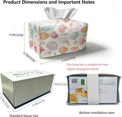 Yellow Seashell Tissue Box Cover Rectangle,Summer Coastal Beach Leather Tissue Box Holder,Ocean Nautical Decorative Facial Tissue Case for Beach Room Bathroom Kitchen Office Desk,9.5x4.7x4.7