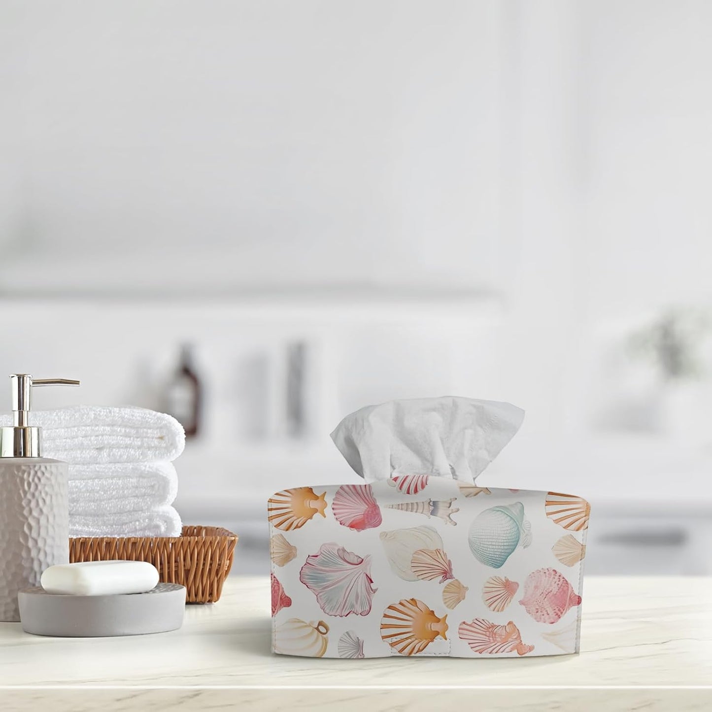 Yellow Seashell Tissue Box Cover Rectangle,Summer Coastal Beach Leather Tissue Box Holder,Ocean Nautical Decorative Facial Tissue Case for Beach Room Bathroom Kitchen Office Desk,9.5x4.7x4.7