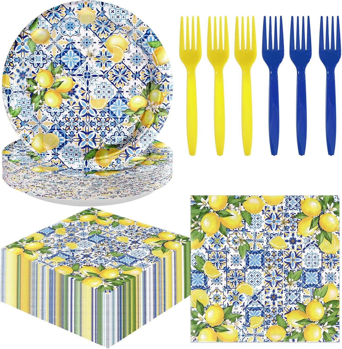72Pcs Capri Lemon Party Decorations Blue Tiles Yellow Lemon Plates and Napkins Amalfi Coast Party Decorations for Summer Capri Lemon Coast Birthday Bridal Shower Party Supplies Serves 24
