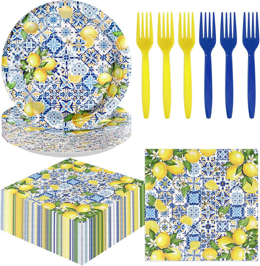 72Pcs Capri Lemon Party Decorations Blue Tiles Yellow Lemon Plates and Napkins Amalfi Coast Party Decorations for Summer Capri Lemon Coast Birthday Bridal Shower Party Supplies Serves 24