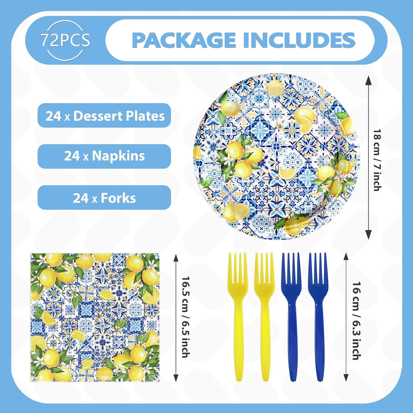 72Pcs Capri Lemon Party Decorations Blue Tiles Yellow Lemon Plates and Napkins Amalfi Coast Party Decorations for Summer Capri Lemon Coast Birthday Bridal Shower Party Supplies Serves 24