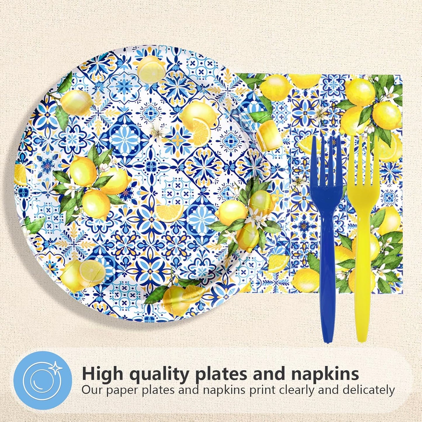 72Pcs Capri Lemon Party Decorations Blue Tiles Yellow Lemon Plates and Napkins Amalfi Coast Party Decorations for Summer Capri Lemon Coast Birthday Bridal Shower Party Supplies Serves 24