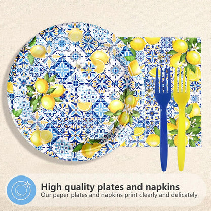 72Pcs Capri Lemon Party Decorations Blue Tiles Yellow Lemon Plates and Napkins Amalfi Coast Party Decorations for Summer Capri Lemon Coast Birthday Bridal Shower Party Supplies Serves 24