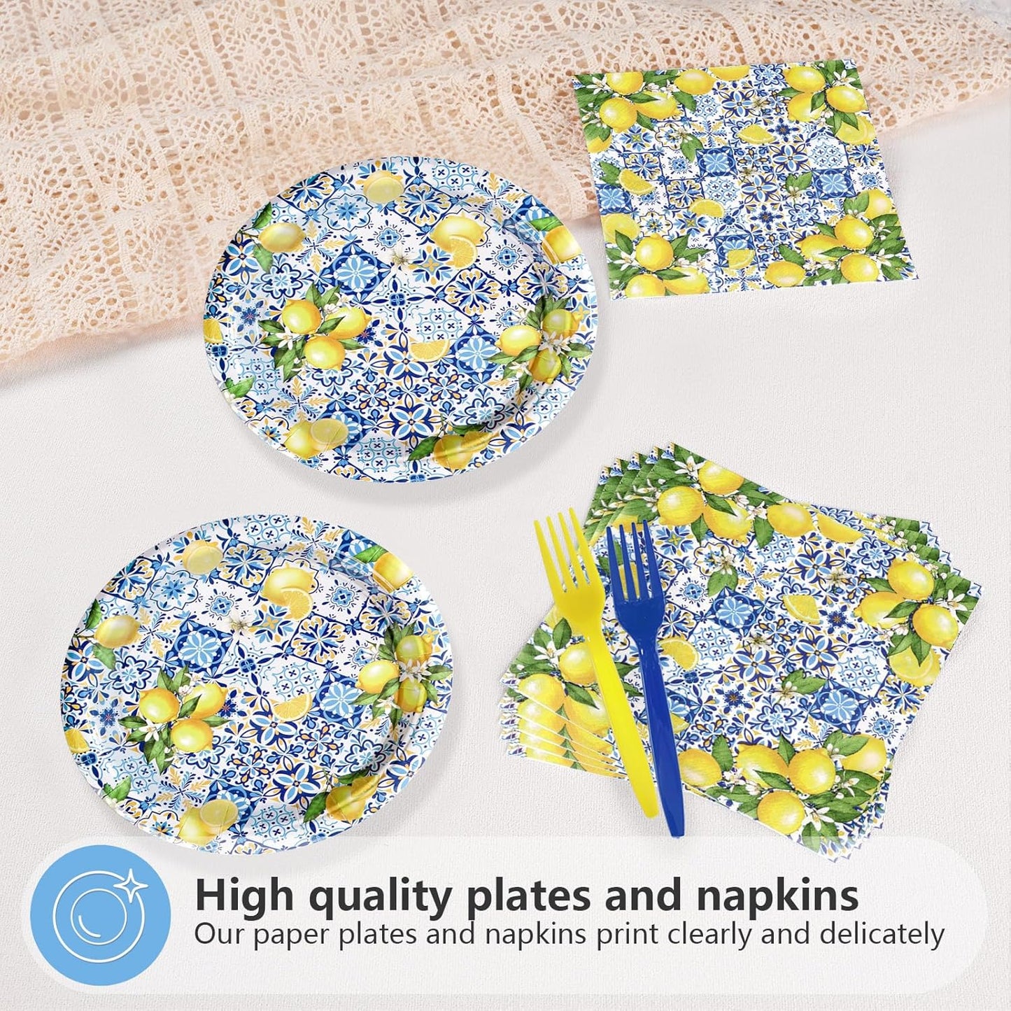 72Pcs Capri Lemon Party Decorations Blue Tiles Yellow Lemon Plates and Napkins Amalfi Coast Party Decorations for Summer Capri Lemon Coast Birthday Bridal Shower Party Supplies Serves 24