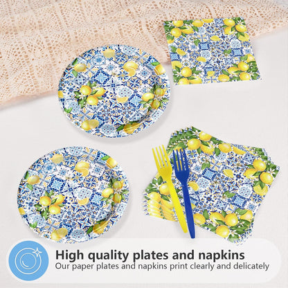 72Pcs Capri Lemon Party Decorations Blue Tiles Yellow Lemon Plates and Napkins Amalfi Coast Party Decorations for Summer Capri Lemon Coast Birthday Bridal Shower Party Supplies Serves 24
