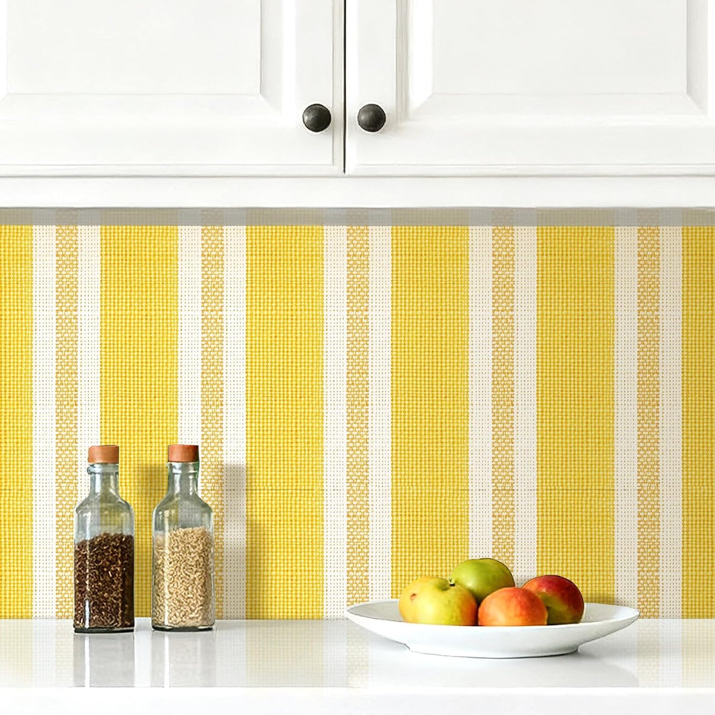 Yellow Striped Wallpaper Peel and Stick White Gold Stripe Wallpaper Self Adhesive Polka Dot Vinyl Stripes Bright Yellow Stripe Contact Paper for Drawers Walls Bathroom Removable 17.5x80