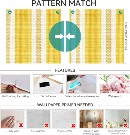 Yellow Striped Wallpaper Peel and Stick White Gold Stripe Wallpaper Self Adhesive Polka Dot Vinyl Stripes Bright Yellow Stripe Contact Paper for Drawers Walls Bathroom Removable 17.5x80