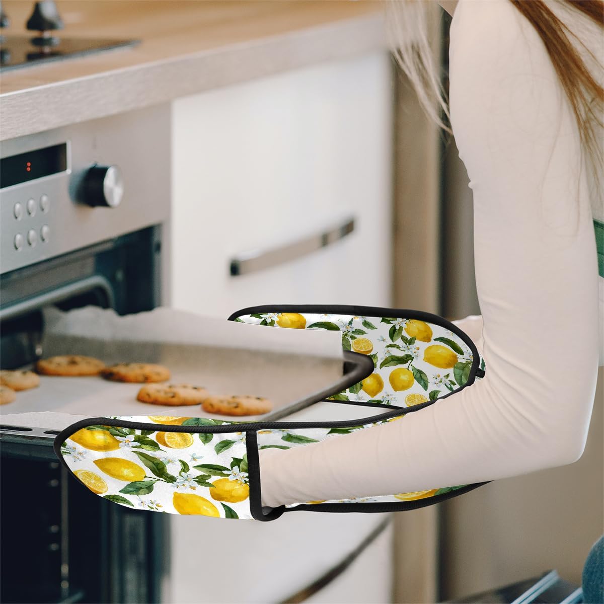 Long Double Oven Mitt for Baking Heat Resistant Quilted Double Oven Glove (Lemon)