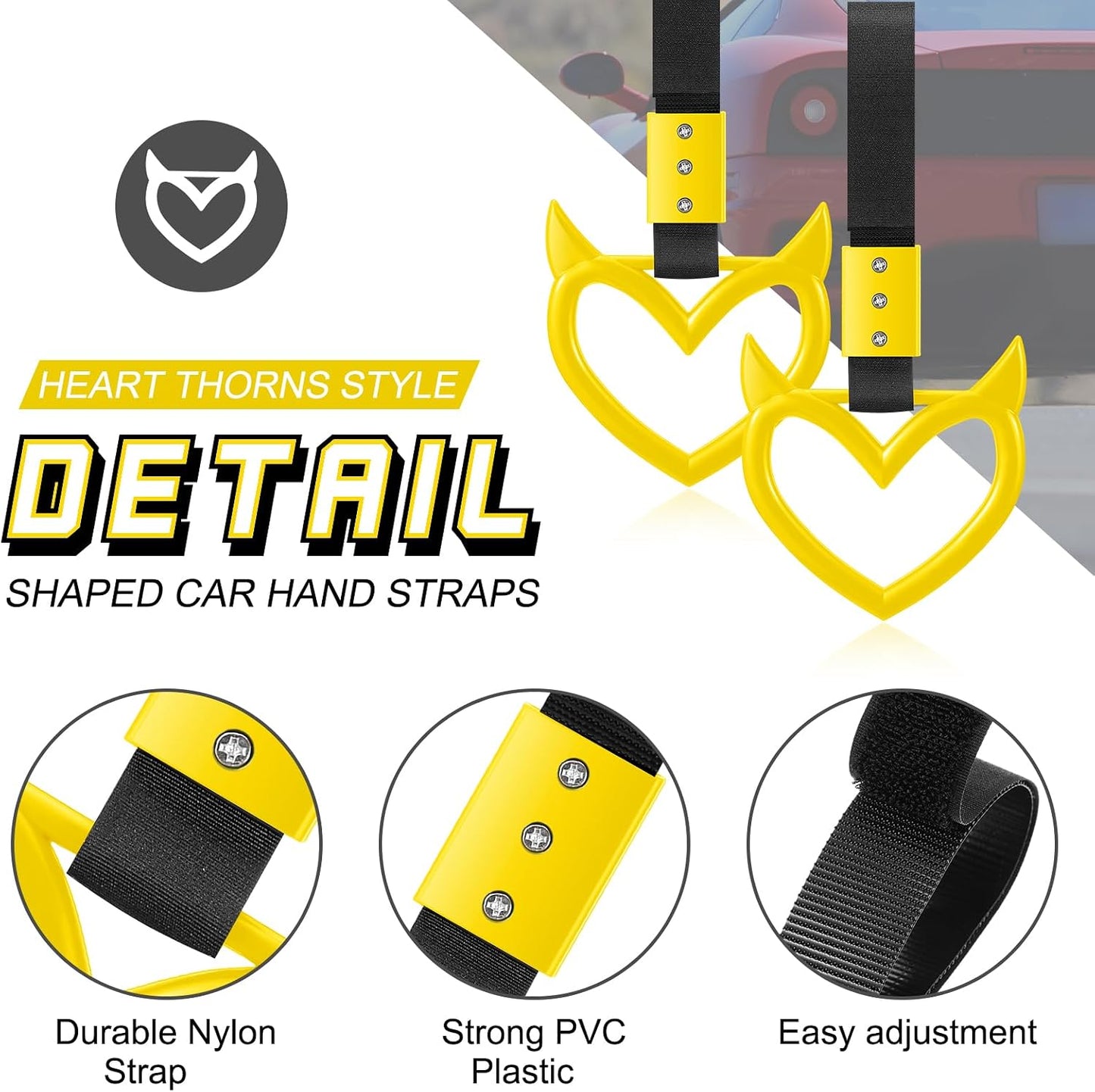 2 Pieces Heart Handle Keychains Car Accessory Heart Hand Strap Drift Charm for Car Interior Exterior Decoration(Yellow,Devil Style)