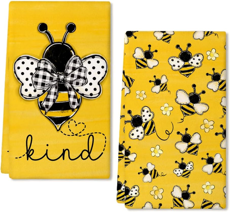 Yellow Bee Summer Kitchen Towels Dish Towels Set of 2,Be Kind Spring Hand Towels 18x26 Inch Drying Dishcloth,Farmhouse Home Seasonal Holiday Summer Decorations AD299