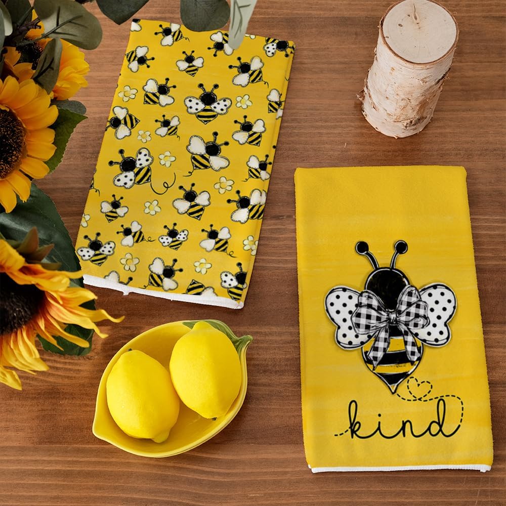 Yellow Bee Summer Kitchen Towels Dish Towels Set of 2,Be Kind Spring Hand Towels 18x26 Inch Drying Dishcloth,Farmhouse Home Seasonal Holiday Summer Decorations AD299